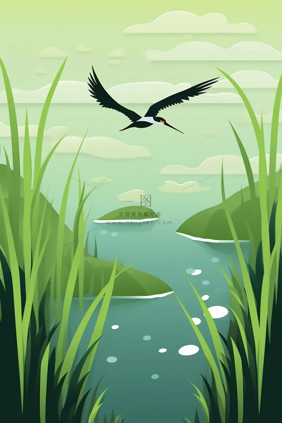 春天湿地绿意万物生长大雁绿色卡通插画背景