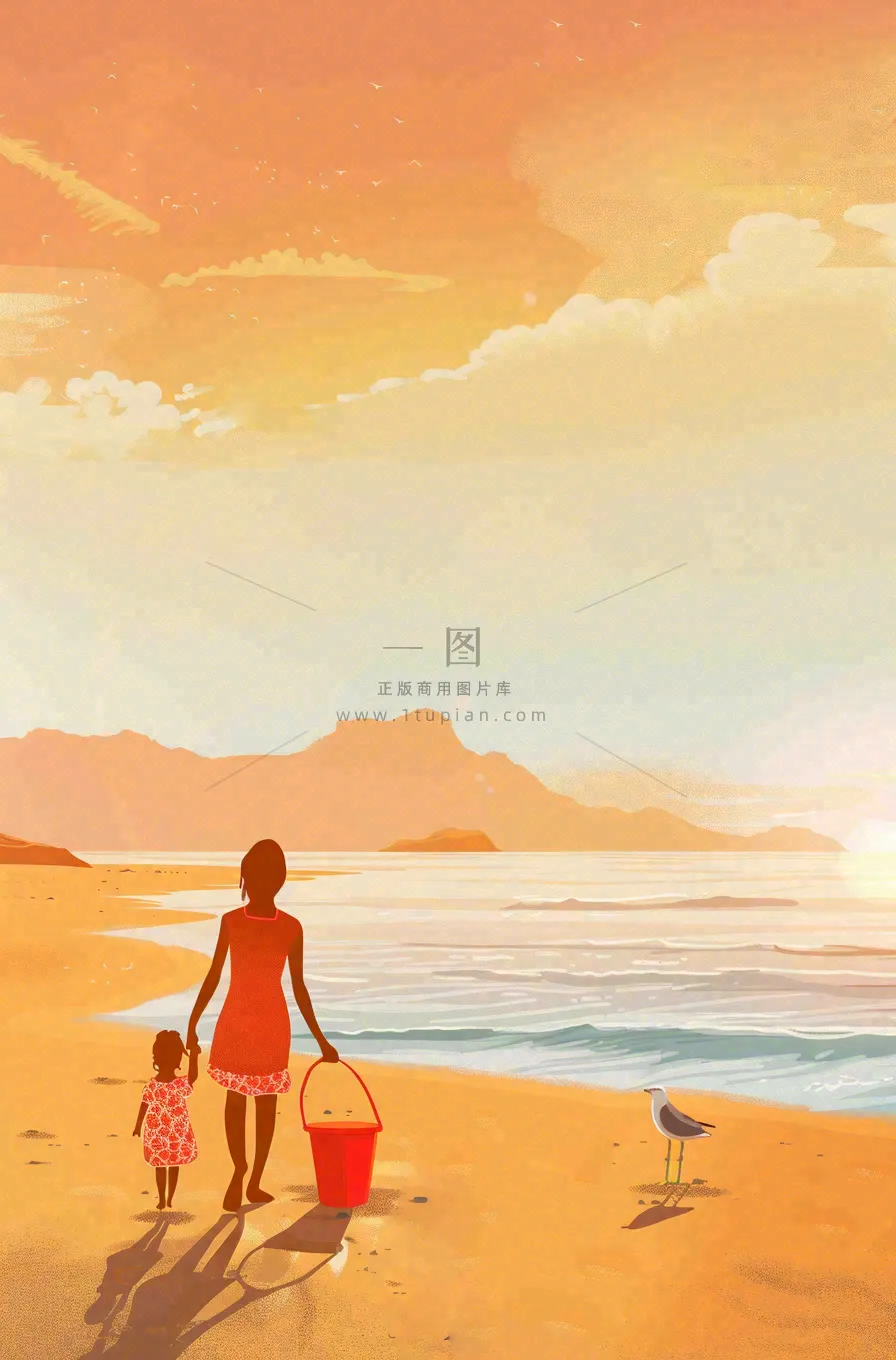夕阳晚霞下的海洋沙滩亲子散步母亲节插画背景