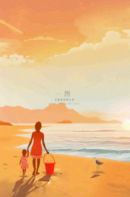 夕阳晚霞下的海洋沙滩亲子散步母亲节插画背景 夕阳晚霞下的海洋沙滩亲子散步母亲节插画背景