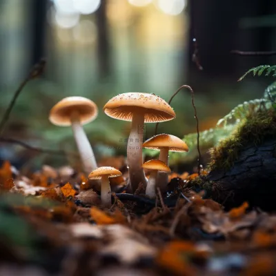 秋季森林蘑菇枯叶树枝摄影图