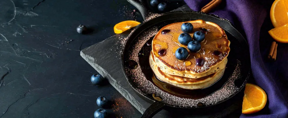 美食简约烤饼蛋糕，巧克力水果橙子摄影图