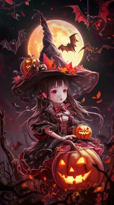 万圣节夜晚黑色南瓜恐怖卡通小鬼手绘插画