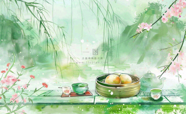 春天桃花春茶茶壶燕子清明山水国画中国风水墨插画背景茶文化采茶