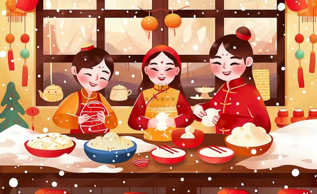 全家福彩色卡通手绘春节除夕初一全家人包饺子包子年夜饭冬至温馨插画背景