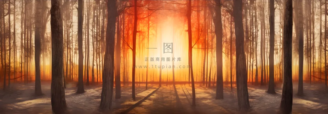 日出日落阳光照射在森林的树上摄影图