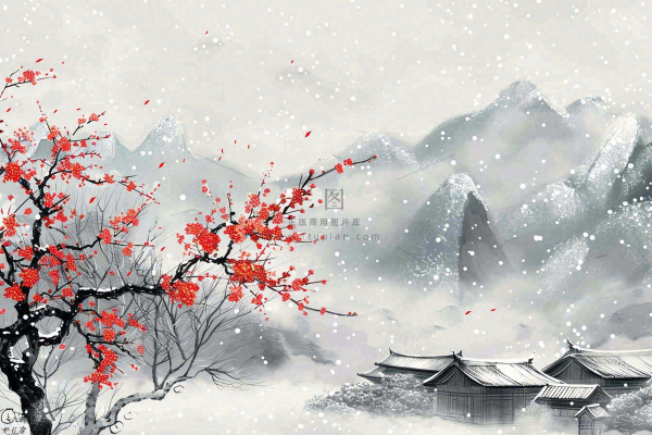 冬天山林里的小村庄红梅花白雪覆盖国风水墨画立冬冬至小雪大雪插画 冬天山林里的小村庄红梅花白雪覆盖国风水墨画立冬冬至小雪大雪插画