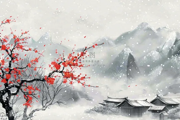 冬天山林里的小村庄红梅花白雪覆盖国风水墨画立冬冬至小雪大雪插画 冬天山林里的小村庄红梅花白雪覆盖国风水墨画立冬冬至小雪大雪插画