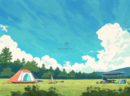 春天夏日清新草坪房车旅行露营玩耍手绘插画 春天夏日清新草坪房车旅行露营玩耍手绘插画