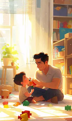 父亲节温馨父爱陪伴孩子玩耍手绘插画 父亲节温馨父爱陪伴孩子玩耍手绘插画