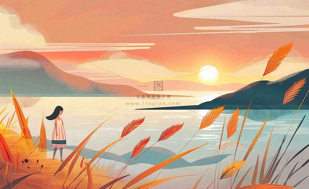 秋天夕阳下山水飞鹤女孩芦苇白露寒露插画背景