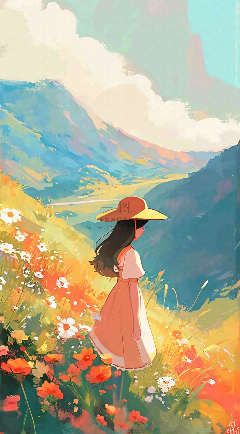 油画女孩春天踏青郊游山脉鲜花草地，春分，插画手绘