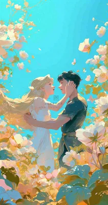 蓝天白云下情侣拥抱亲吻爱情，鲜花小草，情清新人节