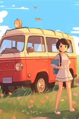 开车旅游草原花草人物卡通插画背景 开车旅游草原花草人物卡通插画背景