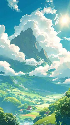 阳光春天细长流水山脉村庄小屋草坪，春分，旅行露营