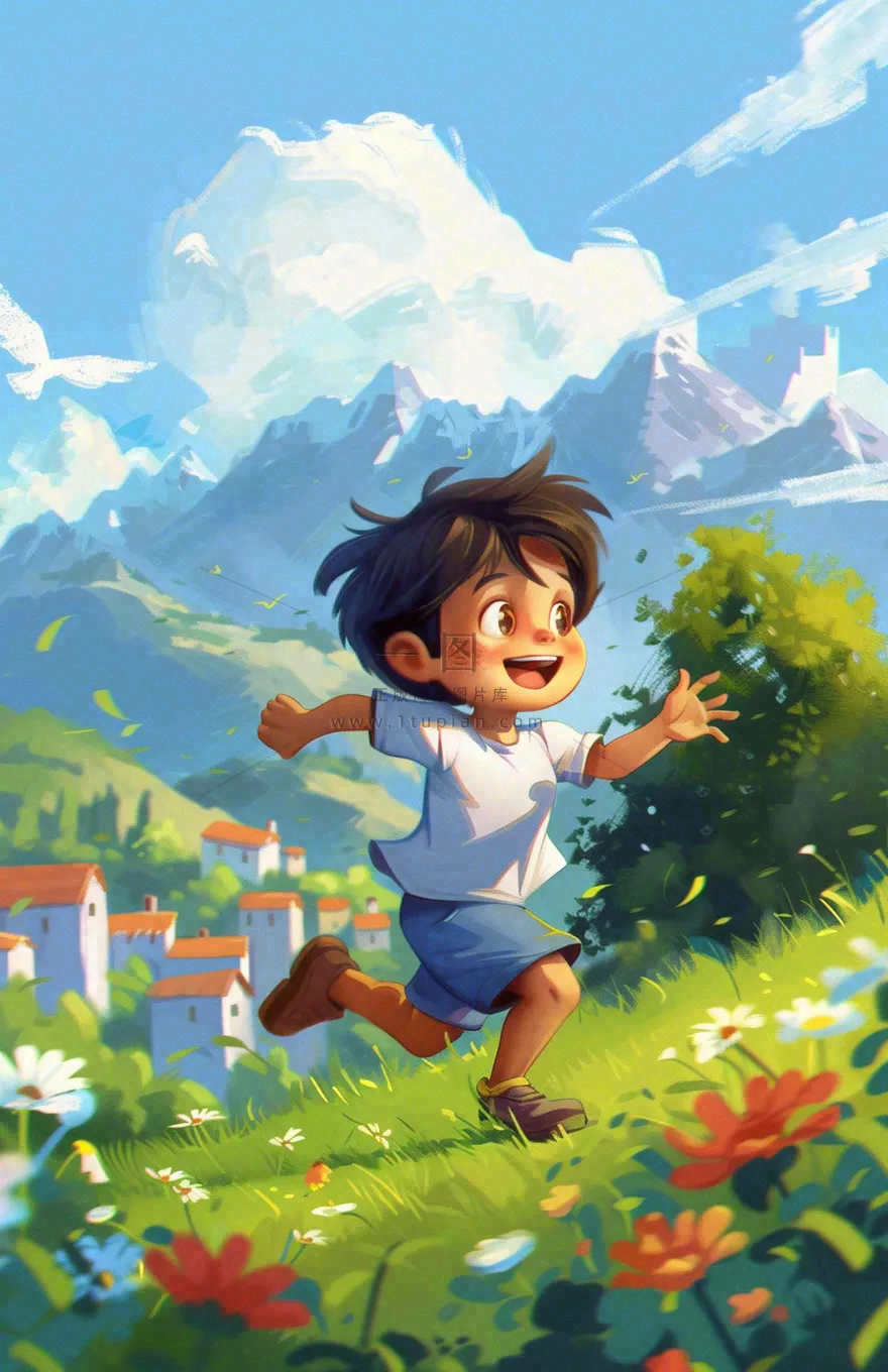 遨游大自然草坪的孩子快乐儿童节卡通插画背景