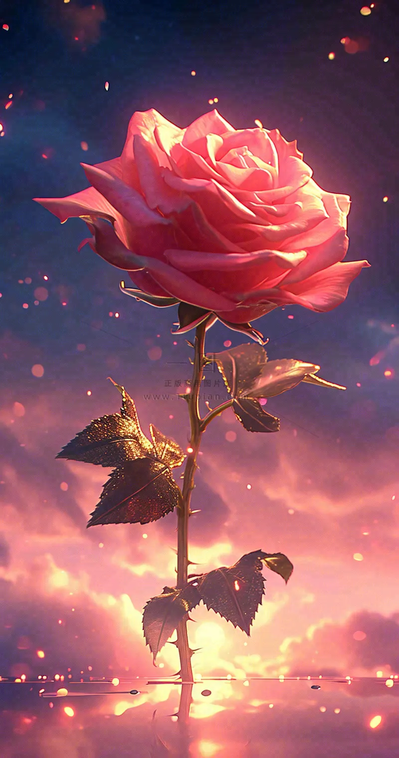 海平面上渐变落日前的一支粉色玫瑰花鲜花花朵，鲜艳爱情