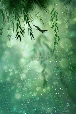 绿色简约小清新柳树雨天燕子雨水谷雨插画背景 绿色简约小清新柳树雨天燕子雨水谷雨插画背景