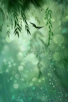 绿色简约小清新柳树雨天燕子雨水谷雨插画背景 绿色简约小清新柳树雨天燕子雨水谷雨插画背景