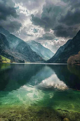 高原雪山下的湖泊自然风景乌云摄影图