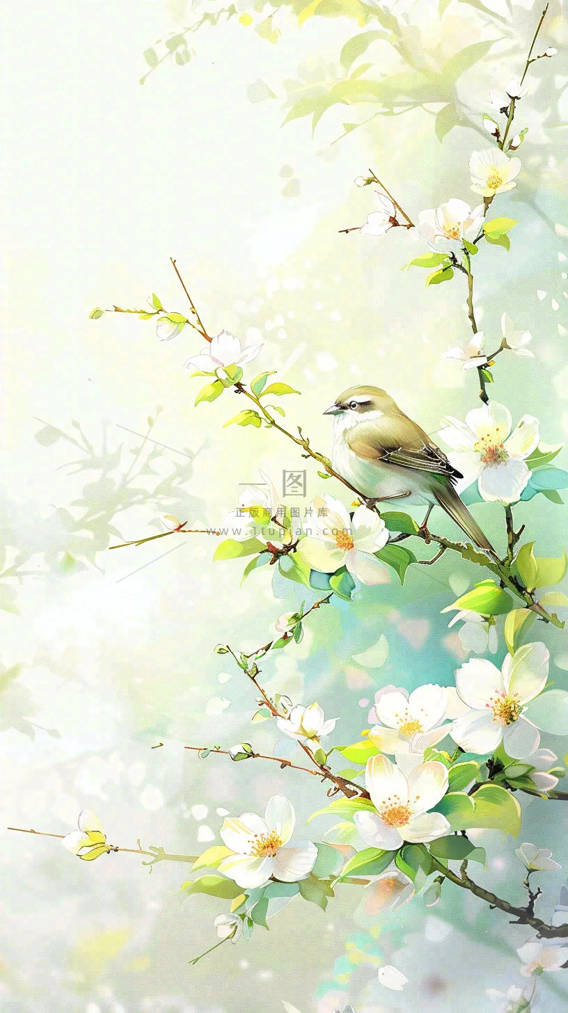 春天繁华盛开树枝小鸟春意小清新唯美立春惊蛰插画背景