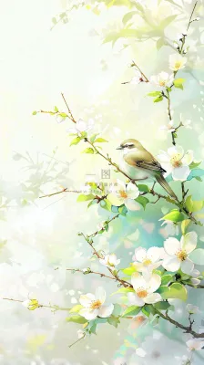 春天繁华盛开树枝小鸟春意小清新唯美立春惊蛰插画背景 春天繁华盛开树枝小鸟春意小清新唯美立春惊蛰插画背景