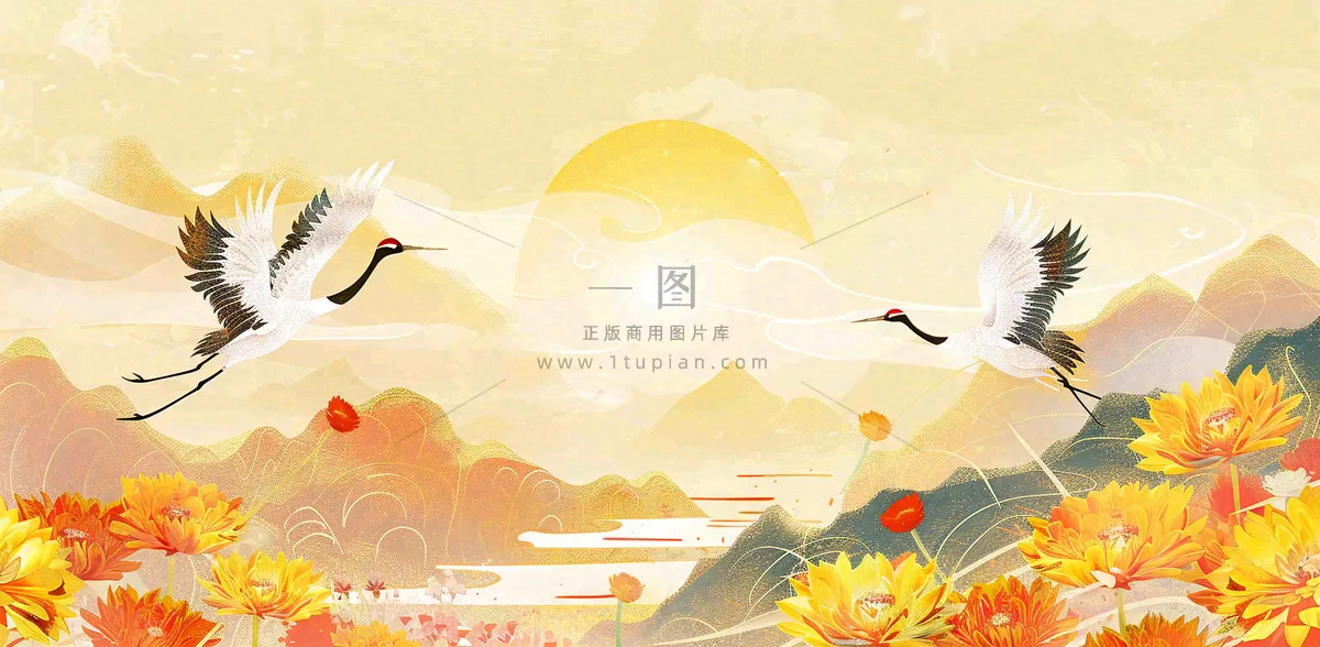国潮风重阳菊花仙鹤山水场景插画中秋背景