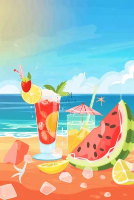 炎热夏日冰镇饮料饮品西瓜汁海边沙滩蓝天白云立夏夏至大暑小暑处暑卡通插画背景 炎热夏日冰镇饮料饮品西瓜汁海边沙滩蓝天白云立夏夏至大暑小暑处暑卡通插画背景