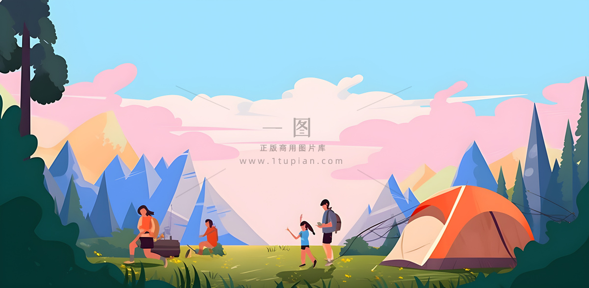 户外野外森林草原露营人们卡通插画背景