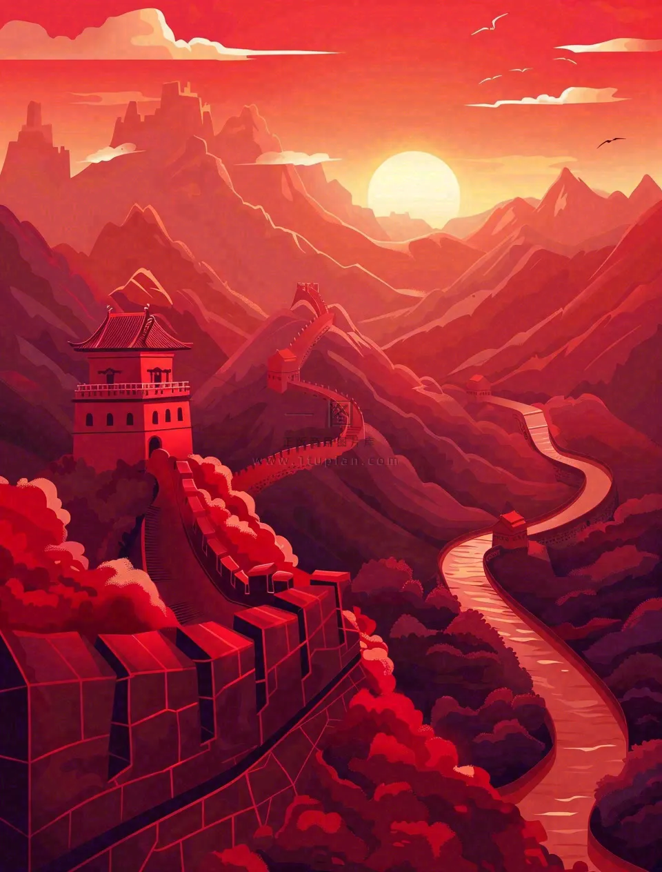 万里长城中国山河红色北京旅游景点八一建军节红色文化卡通插画背景