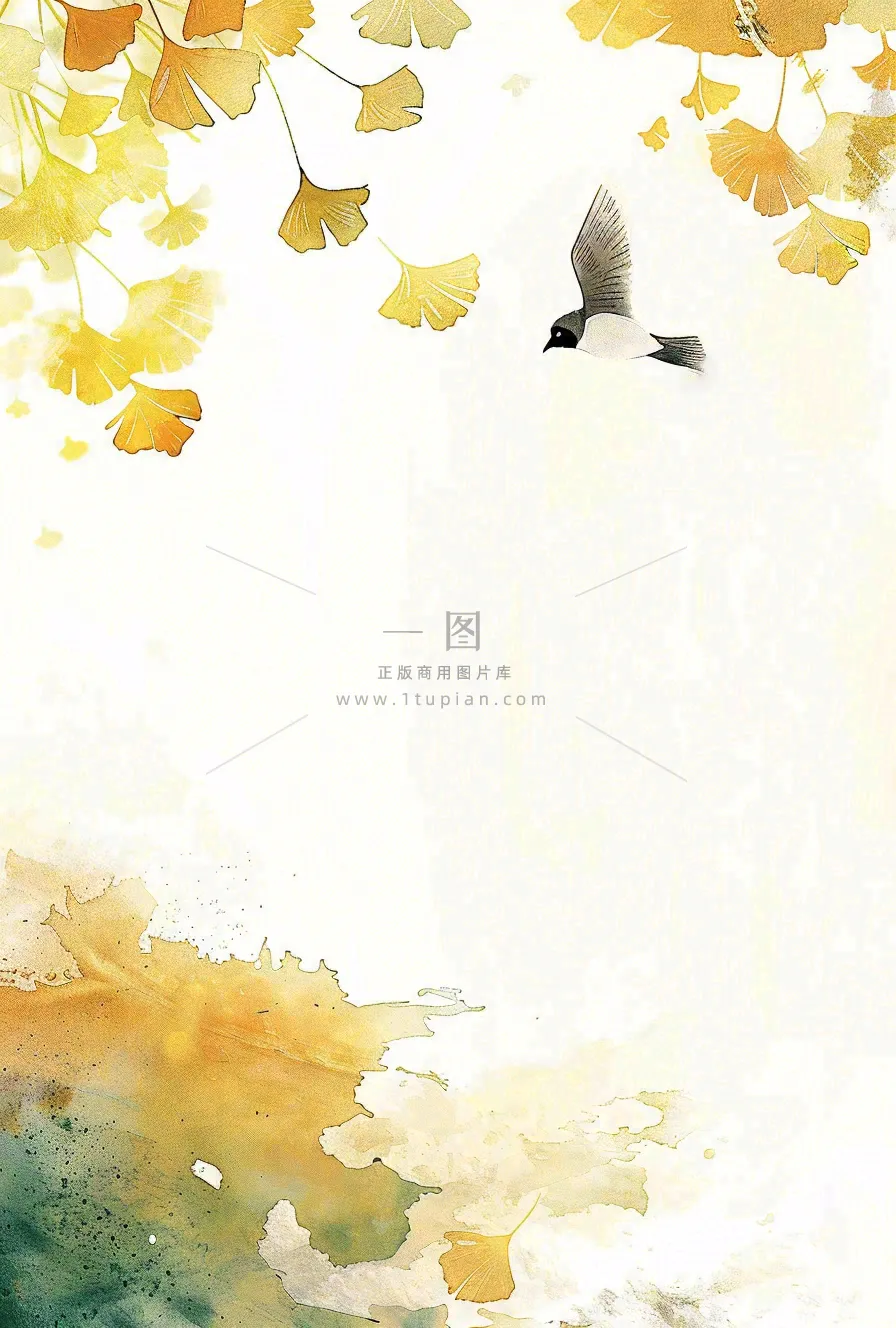秋天银杏叶鸟儿中国风水彩国画立秋白露秋分插画背景