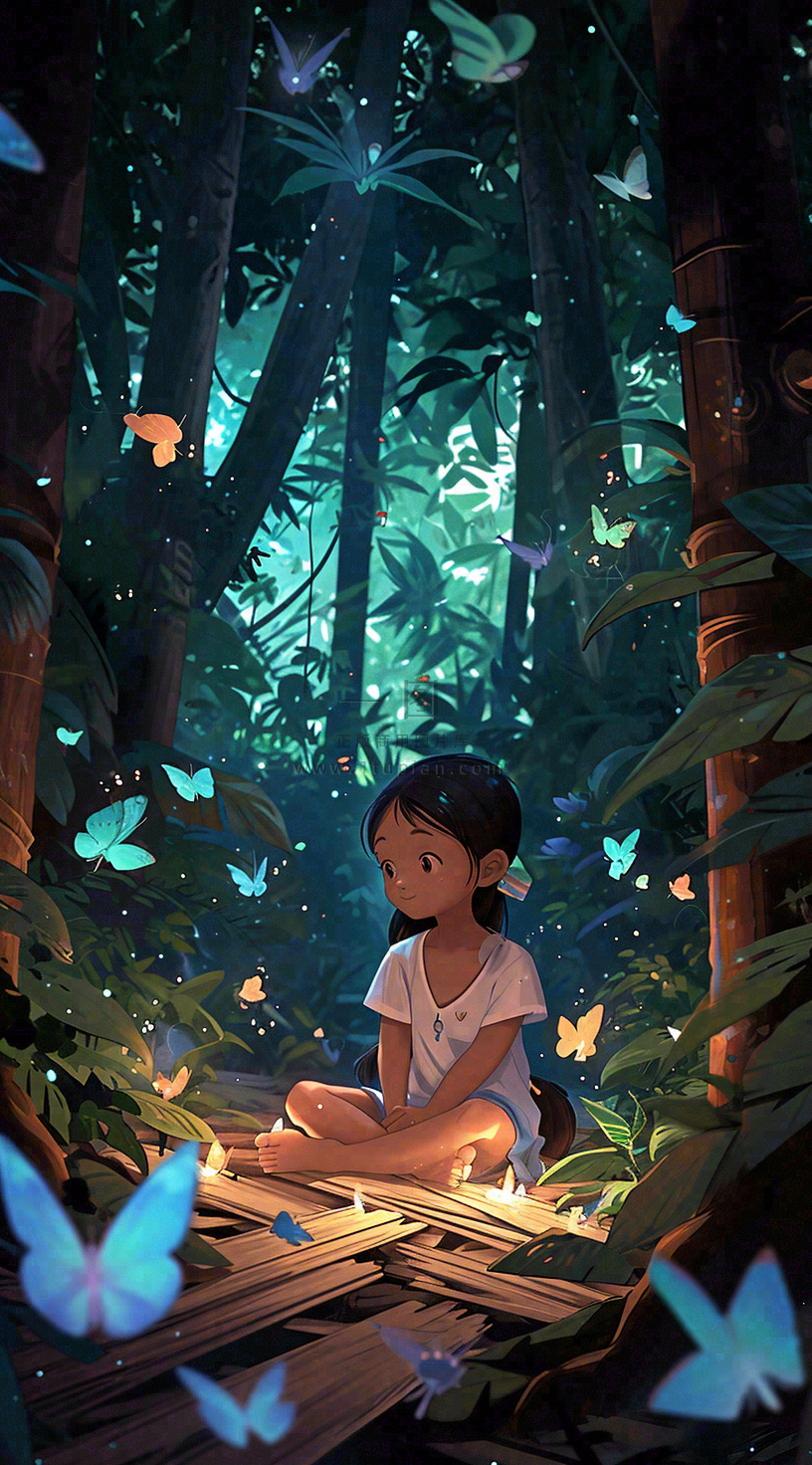 森林意境儿童少女灯光蝴蝶手绘插画,丛林树木