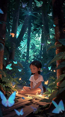 森林意境儿童少女灯光蝴蝶手绘插画,丛林树木 森林意境儿童少女灯光蝴蝶手绘插画,丛林树木