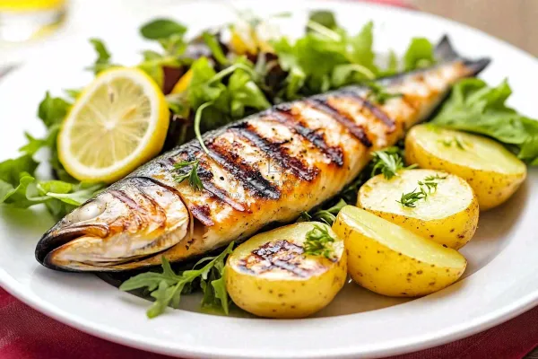 美味烤鱼沙拉柠檬美食摄影图