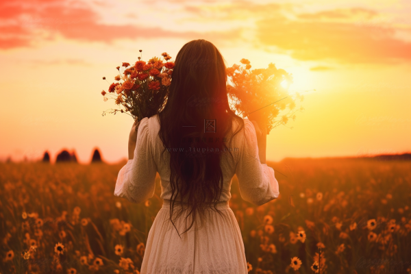 夕阳少女拿着花束走在花丛中晚霞落日美景摄影图
