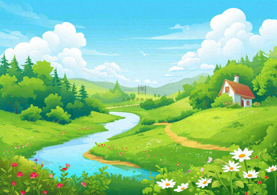 春日旅行草坪草丛花朵河流小溪野外郊游插画，春分