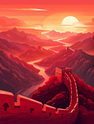 万里长城中国山河红色北京旅游景点八一建军节红色文化卡通插画背景
