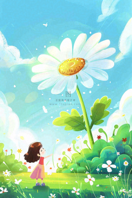 夏天插画手绘夏日风景立夏夏至节气炎热雏菊花朵卡通少女卡通