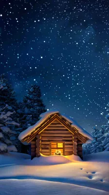 冬季夜晚蓝色星空下的小木屋灯火平安夜插画背景