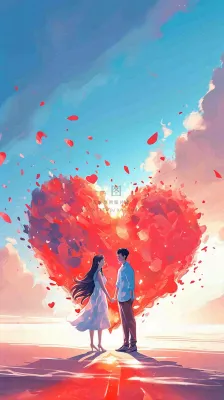 情人节浪漫情人爱心落日蓝天唯美,情侣亲吻爱情,卡通手绘插画 情人节浪漫情人爱心落日蓝天唯美,情侣亲吻爱情,卡通手绘插画