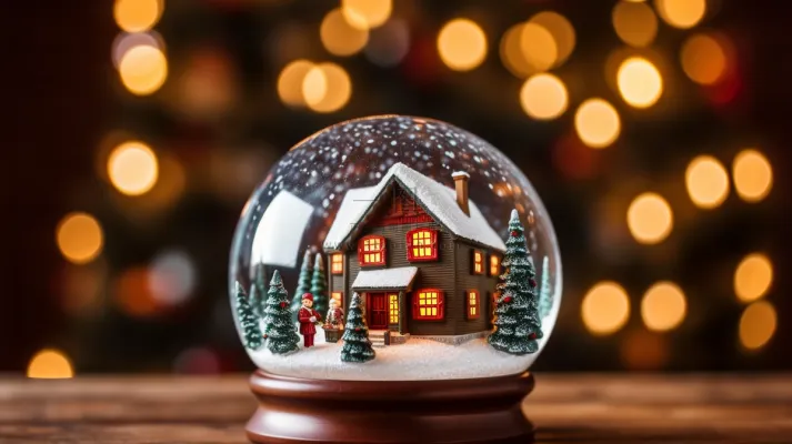 圣诞水晶球圣诞树小木屋摄影图