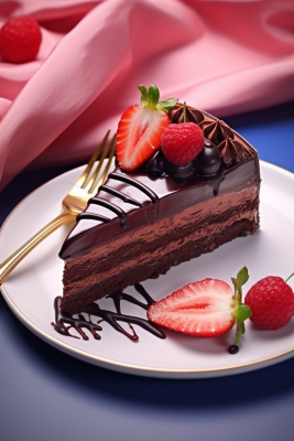 巧克力蛋糕水果草莓树莓切块美食甜点摄影图
