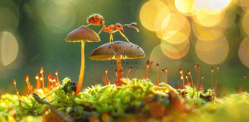 阳光下的蚂蚁蘑菇菌类阳光春天惊蛰春分摄影图