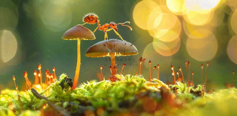 阳光下的蚂蚁蘑菇菌类阳光春天惊蛰春分摄影图