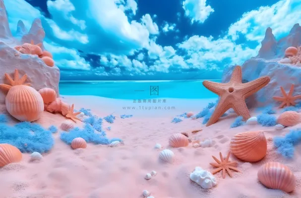 蓝色热带海滩岛屿上的沙子、贝壳、星星、大海和天空的舞台背景