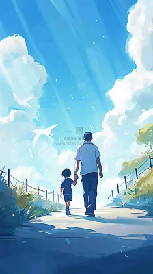 蓝天白云下父亲牵着手,父爱背影亲情伟大感恩 蓝天白云下父亲牵着手,父爱背影亲情伟大感恩