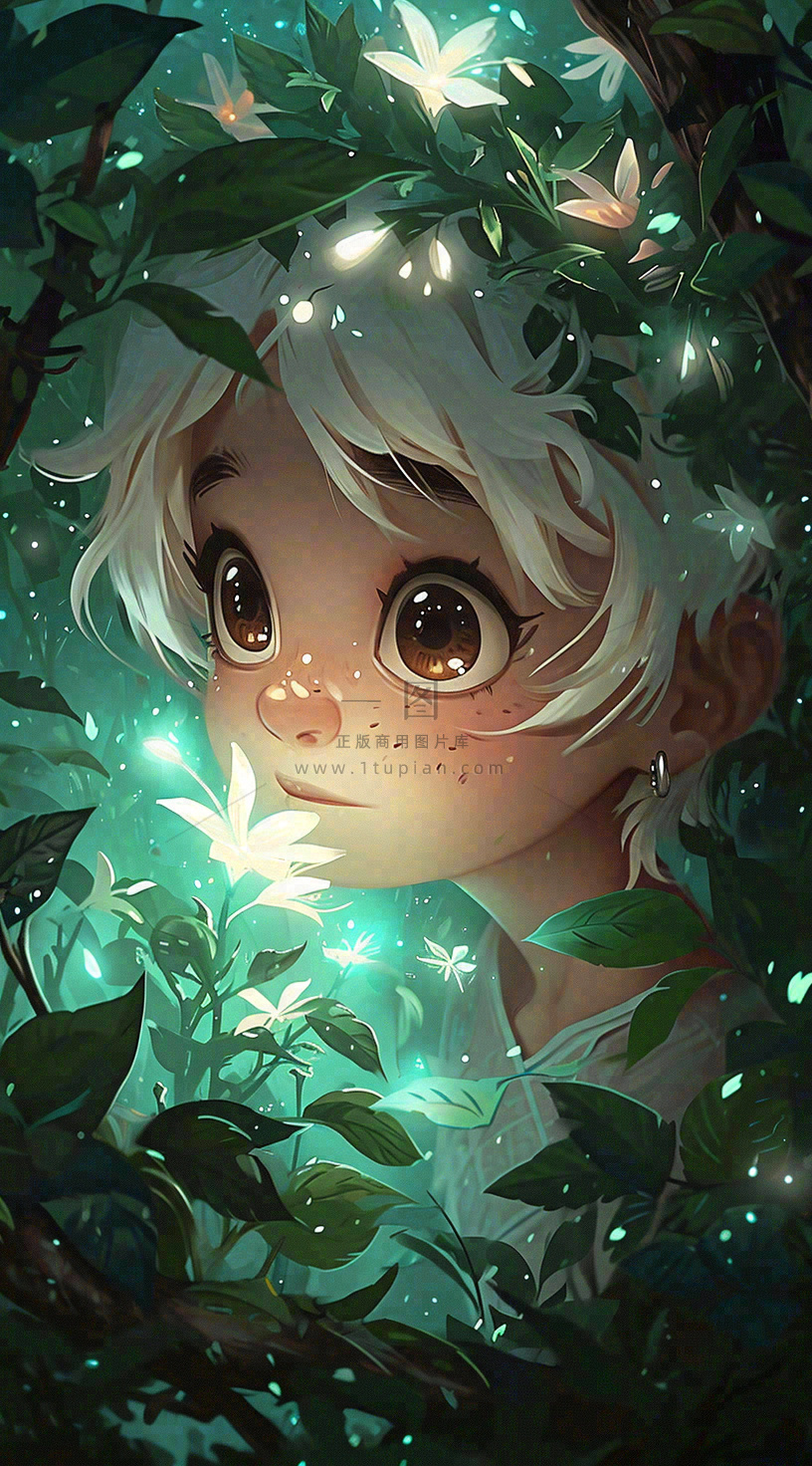 森林探险阳光绿叶男孩儿童,玩耍光照,插画手绘