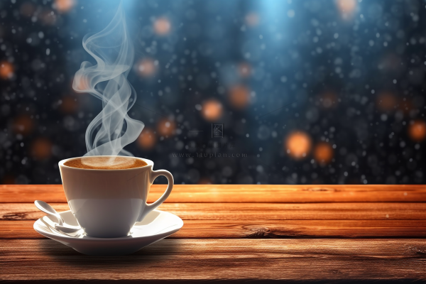 下雪天窗台的咖啡咖啡杯冒着热气摄影图