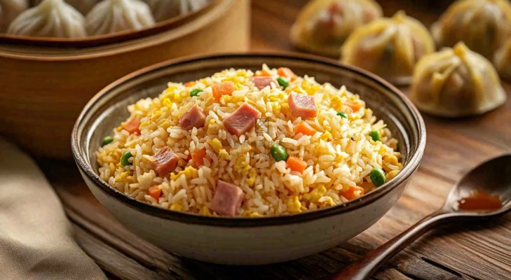 火腿肉丁炒饭鸡蛋美食主食摄影图