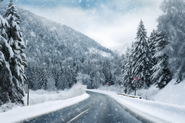 冬季雪山森林雾凇公路道路摄影图