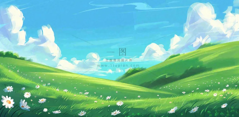 立春 春天背景立春 春天插画春天唯美天空蓝天白云草地手绘风景插画背景